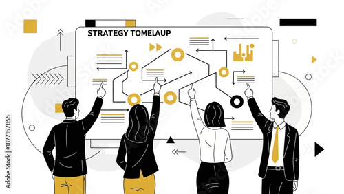 Business team planning strategy on a flowchart board, modern flat illustration