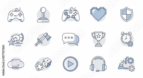 Set of gaming and entertainment related icons in a modern linear style.