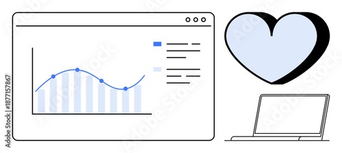 Data visualization, productivity tools, marketing strategy, digital analytics, social metrics, user engagement. Graph on a dashboard, laptop and heart. Data visualization and productivity tools