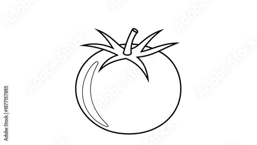 Simple outline of a fresh tomato with its leafy stem is shown as a clean and minimalist vegetable illustration for kitchen design.