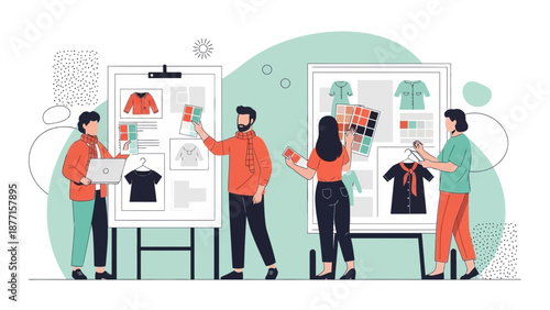 Fashion Design Team Brainstorming New Apparel Collection with Color Swatches