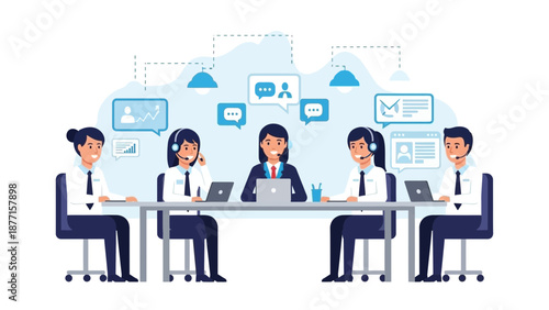 Diverse Call Center Team Working Together at Desks with Laptops and Headsets