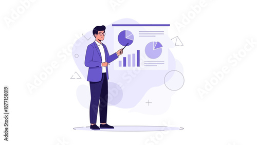 Business Man Presenting Data Analysis with Pie Chart and Bar Graph