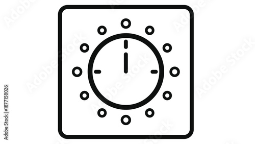 Minimalist square icon features a simple analog clock face with dots representing hours and a vertical hand position for time.