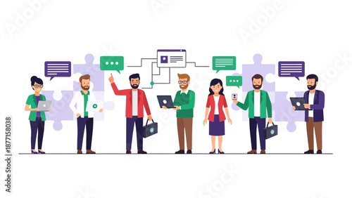 Teamwork and communication concept illustration, people collaborating with technology