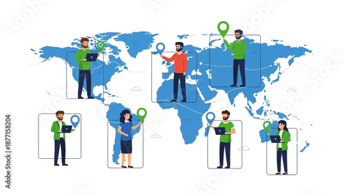 Global Network People Connected Worldwide Using Laptops and Location Pins