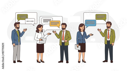 Diverse business people talking in dialogue speech bubbles, teamwork communication concept