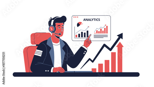 Business analyst with headset presenting growth charts and analytics data