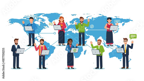 Global Network People Connecting Online with Laptops on World Map Background