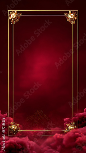 Luxury chinese background with ornate oriental frame creates elegant festive background in deep red color with golden border and decorative cloud element for celebration design layout