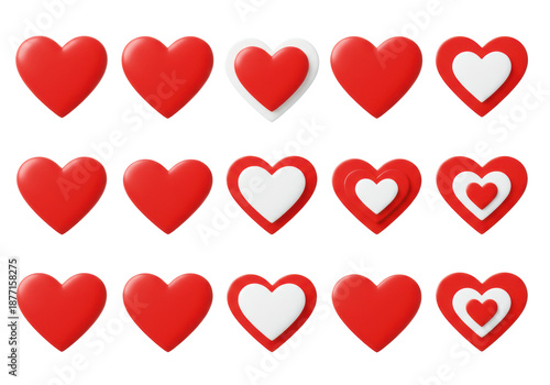 Diverse red heart icons: solid, outlined, nested in vibrant crimson, against transparent background with copy space, soft lighting. Digital design concept of love and affection