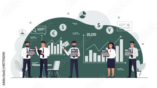 Business Team Analyzing Financial Charts and Data with Calculators