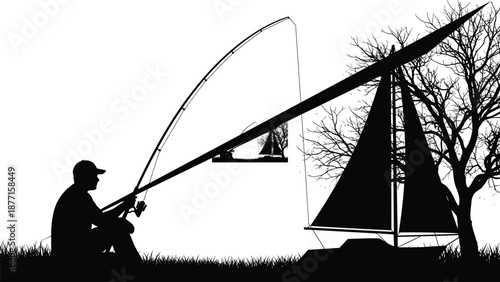 Silhouette fisherman casting rod beside sailboat on calm lake at dusk with tree landscape minimalist vector illustration black white art