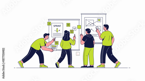 Agile team planning sprint using sticky notes and charts on whiteboard