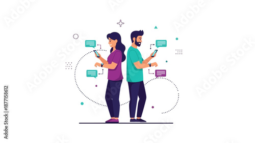 Couple Texting on Phones, Connected by Digital Communication Bubbles
