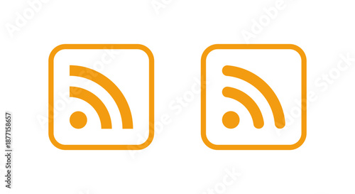RSS feed icon in orange square outline. News update, blog subscription, and content syndication symbol