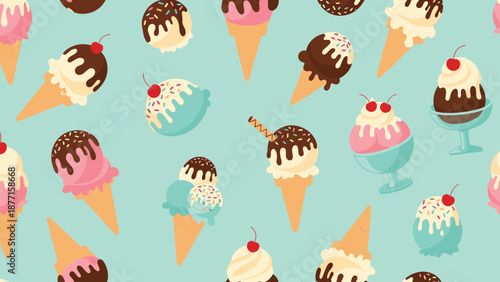 Colorful seamless pattern displays a variety of delicious ice cream cones, bowls, and sundaes with sweet toppings for parties.