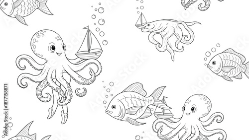 Seamless line art pattern featuring cute octopuses holding tiny sailboats surrounded by various fish and bubbles underwater.