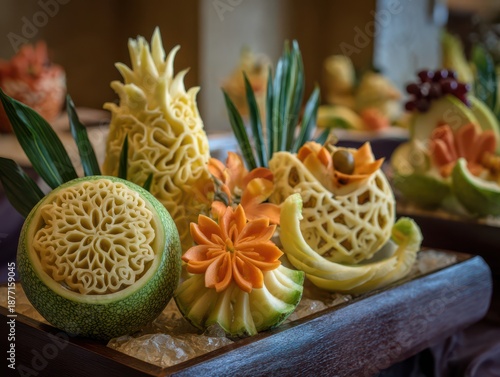 Exquisite fruit carvings showcase culinary artistry and vibrant tropical flavors, perfect for elegant events and gourmet presentations.