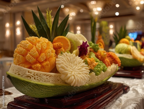 Exquisite fruit sculpture transforms fresh produce into a stunning centerpiece for elegant events and gourmet dining experiences