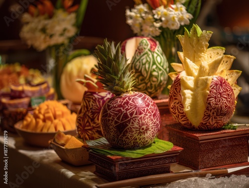 Exquisite fruit carvings and fresh tropical produce artfully displayed on a buffet table, perfect for events and celebrations