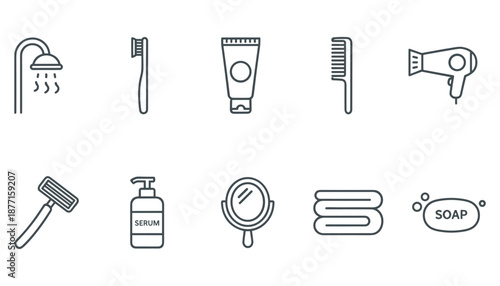 Personal hygiene and bathroom icons set thin line style for skin care grooming and morning routine