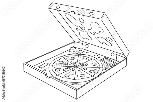 Pizza in opened box outline vector illustration on transparent background characters