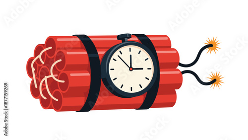 Illustration of a dangerous bundle of red dynamite sticks with a black timer and lit fuses ready to explode on a white background.