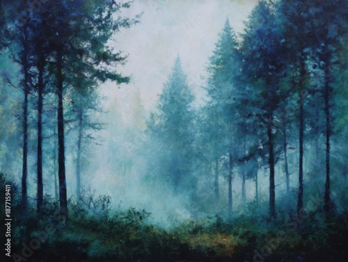 Misty coniferous forest landscape with ethereal blue fog creating a serene and mysterious atmosphere, perfect for nature-themed projects.