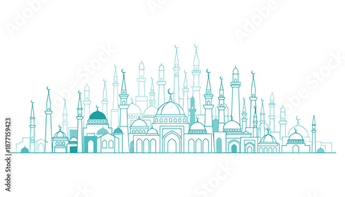 Ramadan kareem mosque silhouette background decoration with architecture landmarks vector