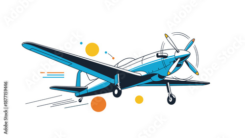 Dynamic illustration of a blue propeller airplane flying through the air with abstract orange and yellow circles.