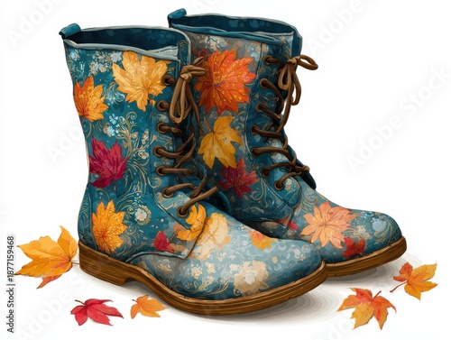 Embrace autumn's charm with stylish teal combat boots adorned with vibrant fall leaves and intricate floral patterns, perfect for seasonal fashion statements.