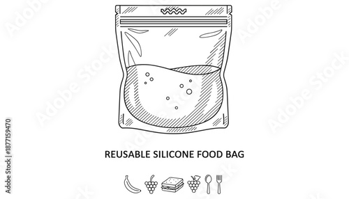 Reusable silicone food bag vector illustration concept kitchen container package for meal storage product