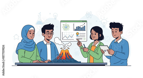 Diverse students collaborating on science project with volcano model and data analysis display
