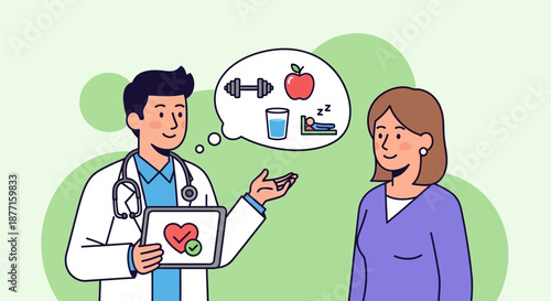 Doctor advises patient about healthy lifestyle choices including fitness diet and sleep