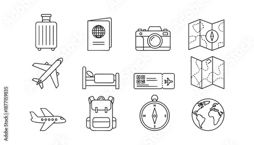 Travel and tourism line icons set featuring luggage passport camera map airplane and compass signs
