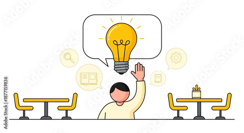 Creative learning brainstorming session illustrating a student with a bright idea in classroom