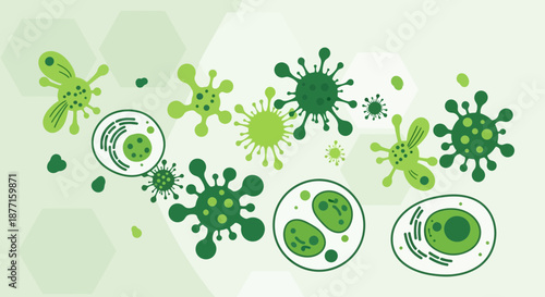 Green biology vector illustration showcasing cells bacteria and viruses concept for health science