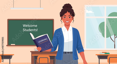 Illustration of a smiling female teacher in a classroom holding a learning book