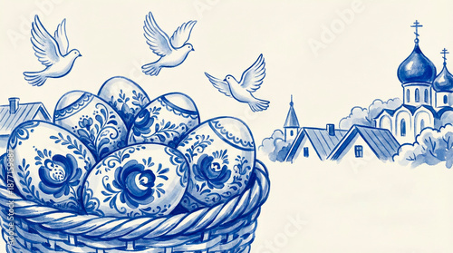 Traditional Easter basket filled with beautifully decorated eggs and doves in a blue-and-white style