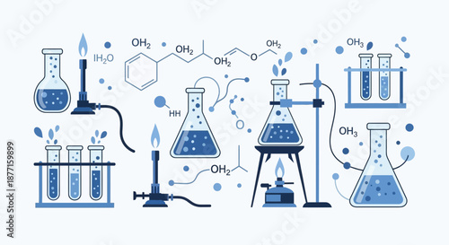Illustration of chemical laboratory equipment and molecular structures for science research
