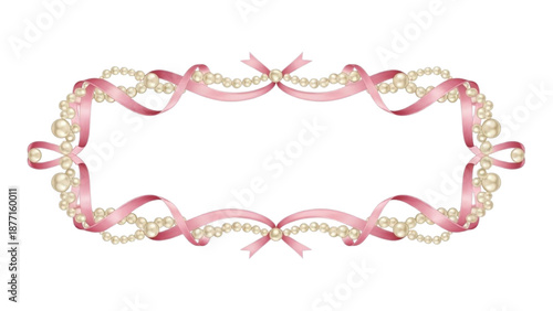 Elegant decorative frame with pink ribbons and lustrous pearls, perfect for vintage invitations or romantic designs
