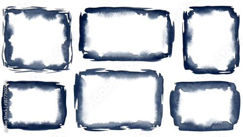 Collection of artistic indigo blue watercolor frames with textured ink brushstroke borders, perfect for creative design elements and accents