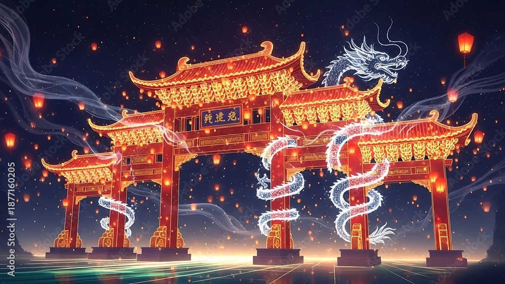 Fototapeta premium Vibrant Chinese New Year Celebration with Illuminated Traditional Gate, Glowing Dragon, and Festive Lanterns Reflected at Night