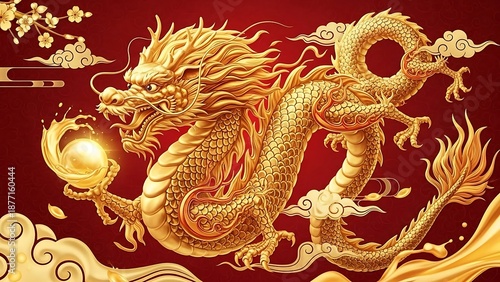 Wallpaper Mural Majestic Golden Chinese Dragon Holding Luminous Orb on Rich Red Background, Traditional Lunar New Year Celebration Artwork Torontodigital.ca