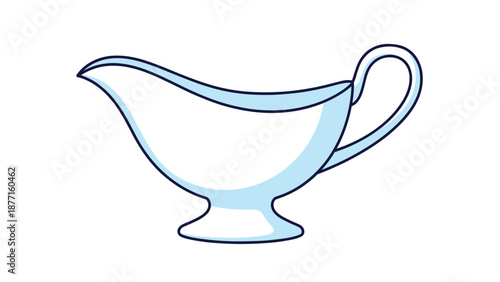 Classic porcelain gravy boat with handle and spout for serving sauce or juice at formal dinner parties or holiday meals.