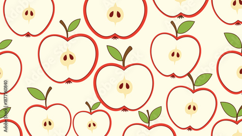 Seamless pattern of sliced red apples showing the core and seeds repeated across a light cream colored background texture.