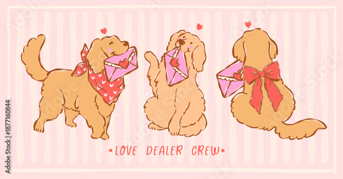 Whimsical golden retriever dogs valentine with Love letter hand drawn coquette retro pastel illustrationn set