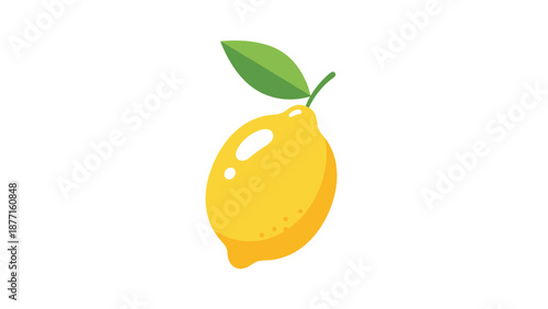 Ripe yellow lemon with a green leaf and stem illustrated in a flat vector style representing freshness and citrus flavor.