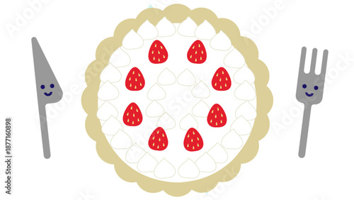 いちごのケーキとカトラリーを組み合わせたかわいいデザートのイメージイラスト